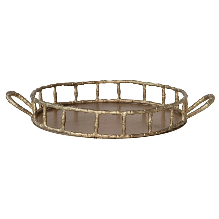 Cast Aluminum Faux Bamboo Tray w/ Handles, Brass Finish