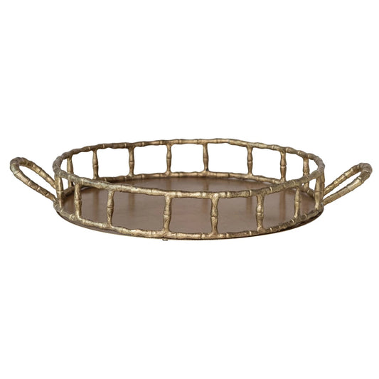 Cast Aluminum Faux Bamboo Tray w/ Handles, Brass Finish