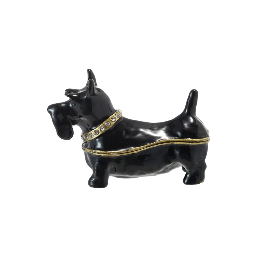 Enameled Metal Scottie Shaped Trinket Box w/ Jewels, Gold Finish & Black