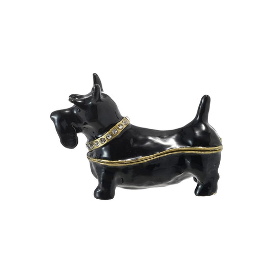 Enameled Metal Scottie Shaped Trinket Box w/ Jewels, Gold Finish & Black