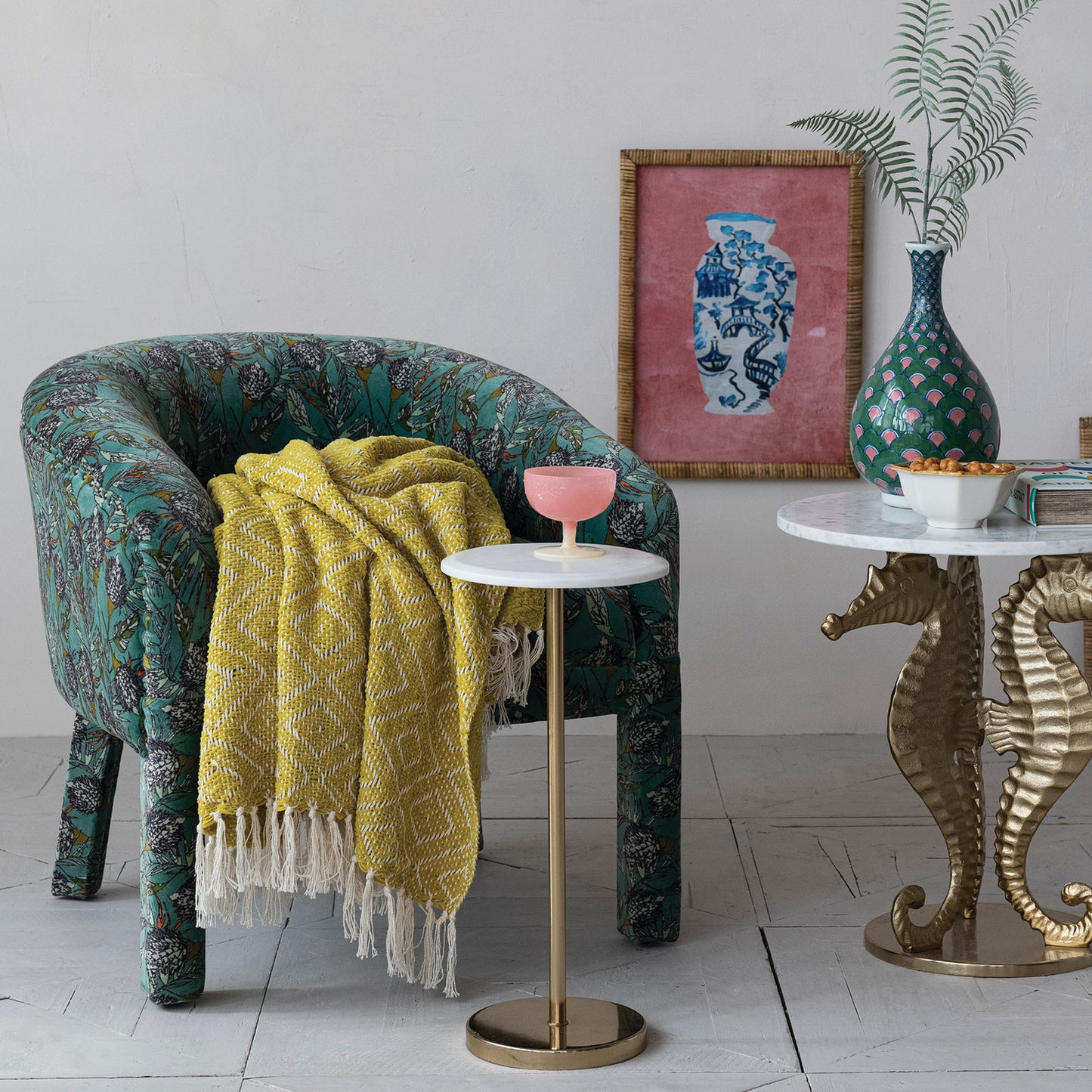 Metal Martini Table with Marble Top, Gold Finish & White, KD