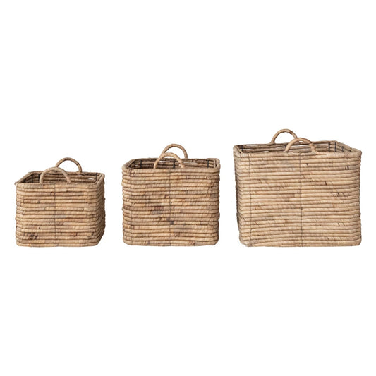Hand-Woven Water Hyacinth Nesting Baskets with Handles, Natural,