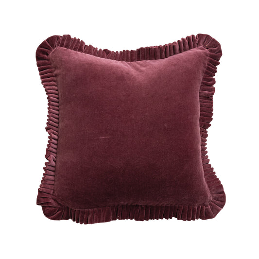 18" Square Cotton Velvet Pillow with Ruffle, Burgundy