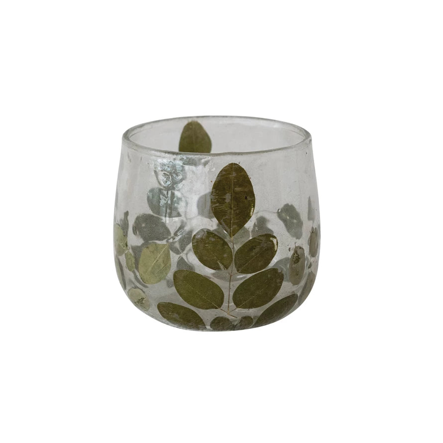Handmade Glass Tealight/Votive Holder with Embedded Natural Moringa Leaves