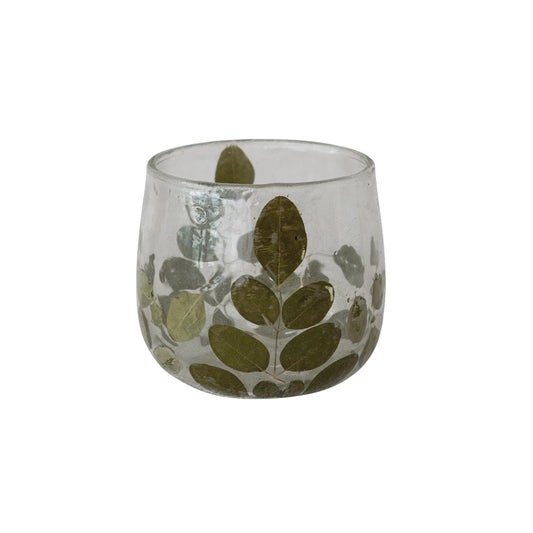 Handmade Glass Tealight/Votive Holder with Embedded Natural Moringa Leaves