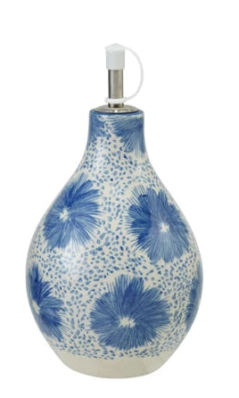 Stoneware Oil Cruet with Floral Pattern, Stainless Steel Spout & Plastic Cover,