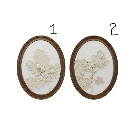 Oval Wood Framed Wall Decor with Plaster Cast Leaves & Acorns, White & Brown, 2 Styles