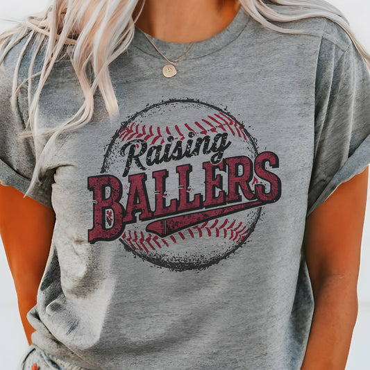 Baseball Mom   Game Day Sports Raising Ballers Graphic Tee: Heather Gray