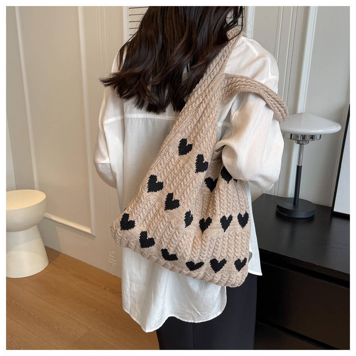 Heart Pattern Knitted Tote Bag