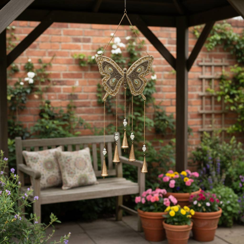 Wind Chime - Gold Metal Beads Mosaic Butterfly, 24 in.