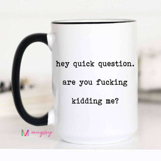 Hey Quick Questions Funny Coffee Mug: 15oz
