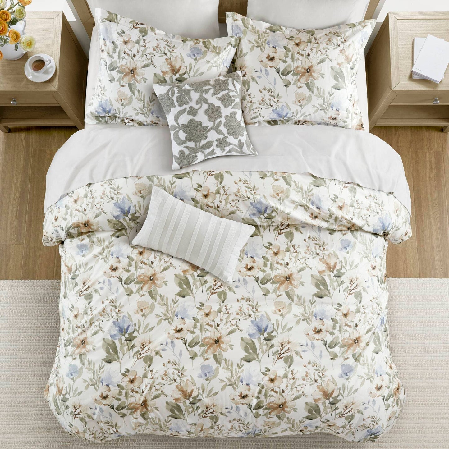 5 Piece 300TC Cotton Sateen Floral Print Duvet Set