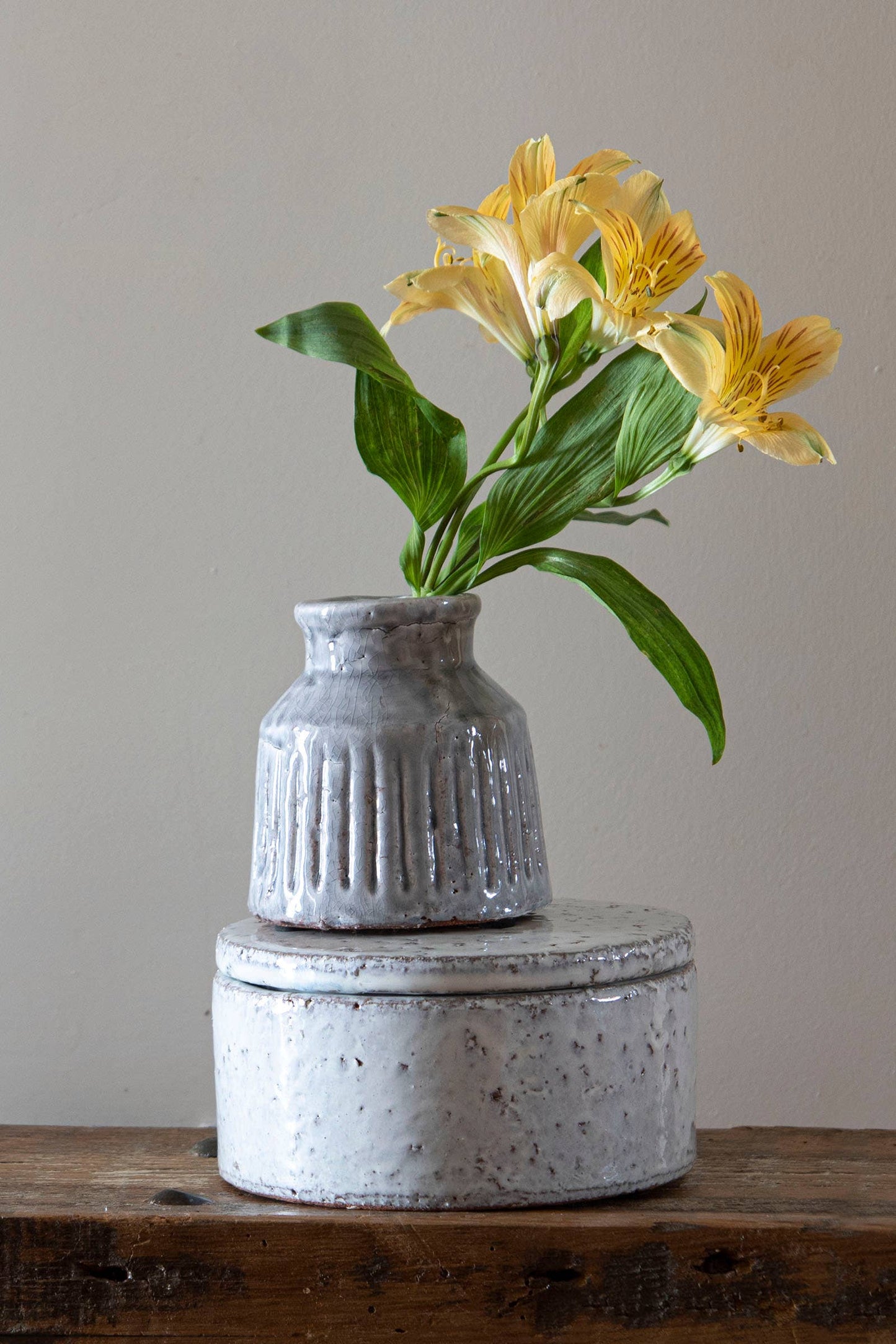 Bettina Handmade Gray Terracotta Vase with Carved Stripes