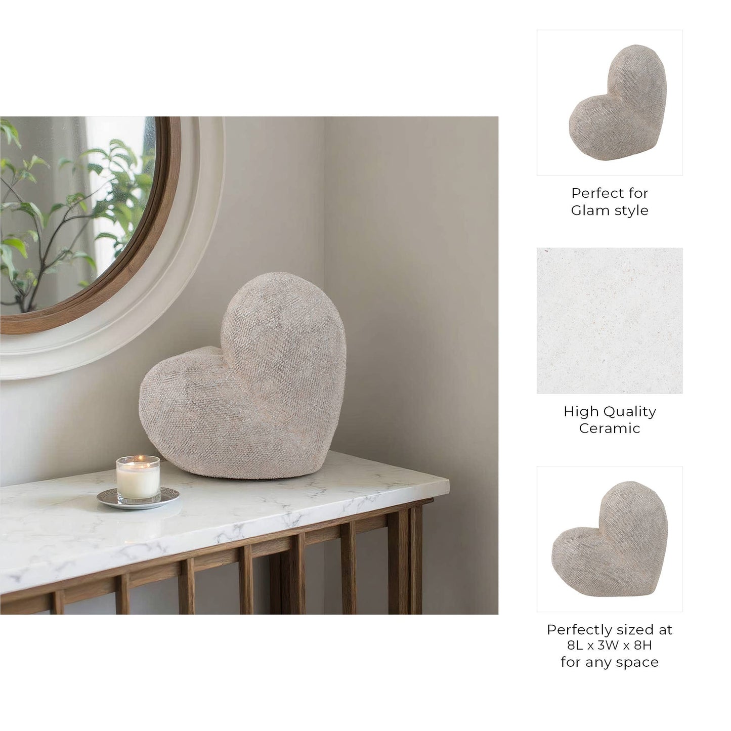 Ceramic Scratched Geometric Heart Sculpture - Gold, 8 in.