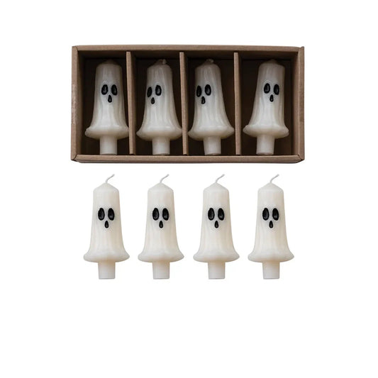 Unscented Ghost Shaped Bottle Taper Candles in Box, White & Black, Set of 4