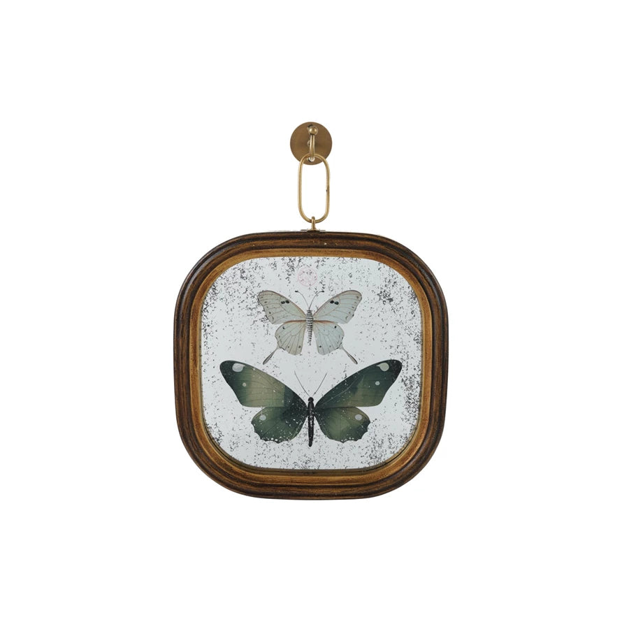 Wood Framed Antique Mirror Wall Decor with Butterflies & Metal Wall Hook,