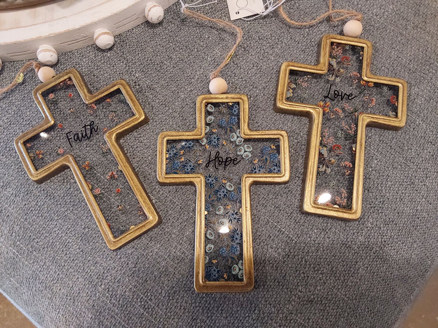 Love, Hope, Faith Floral Cross Ornament with Text