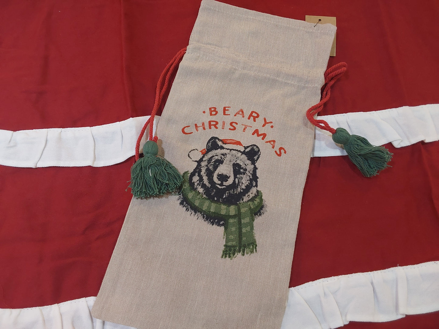 Cotton Chambray Printed Drawstring Wine Bag w/ Tassels