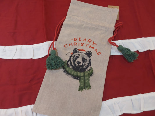 Cotton Chambray Printed Drawstring Wine Bag w/ Tassels