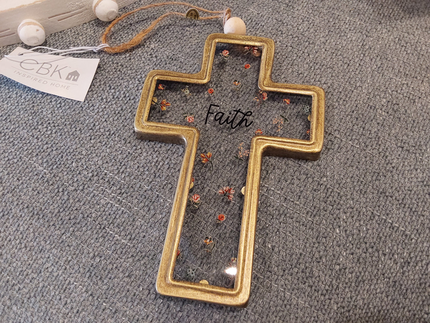 Love, Hope, Faith Floral Cross Ornament with Text