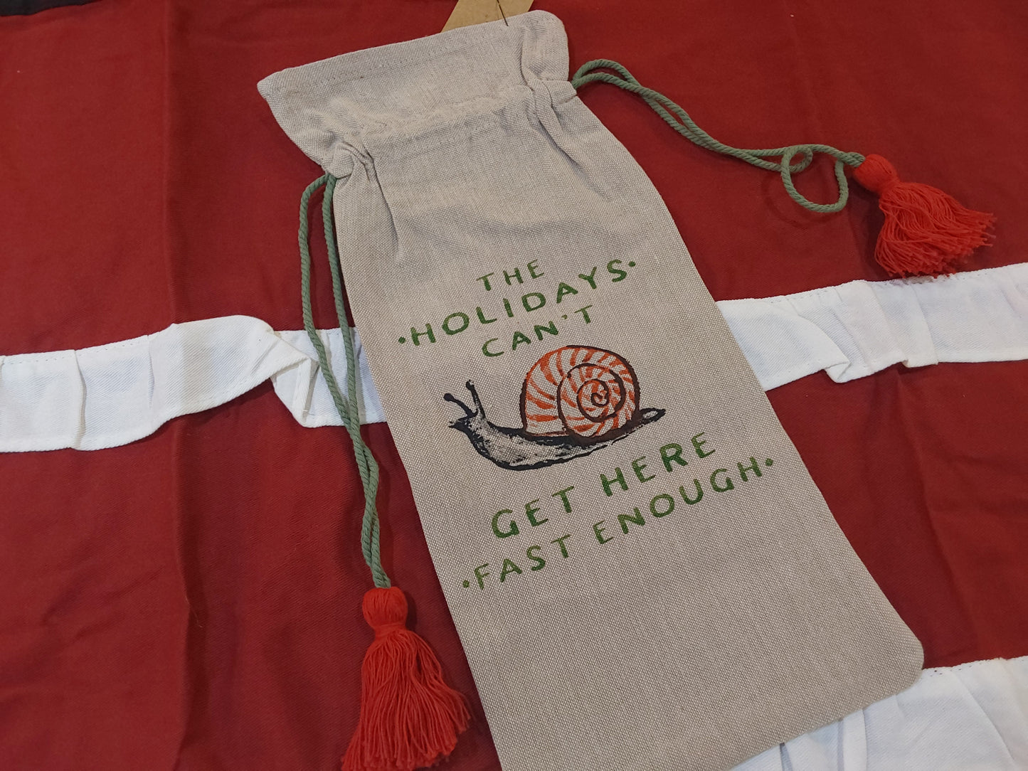 Cotton Chambray Printed Drawstring Wine Bag w/ Tassels