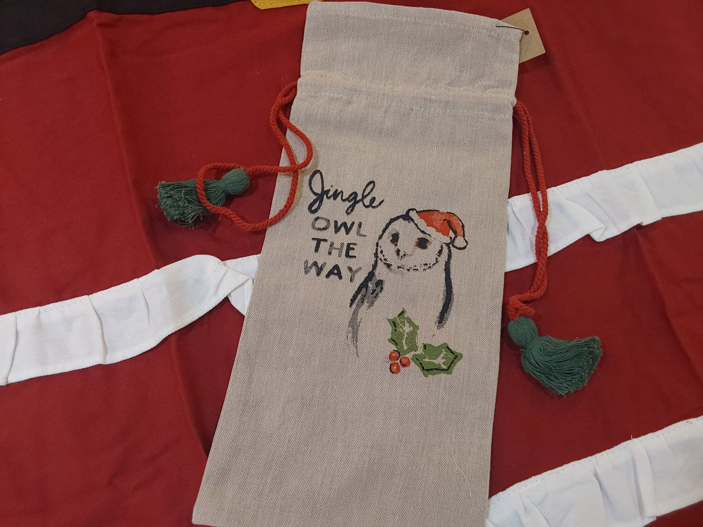 Cotton Chambray Printed Drawstring Wine Bag w/ Tassels