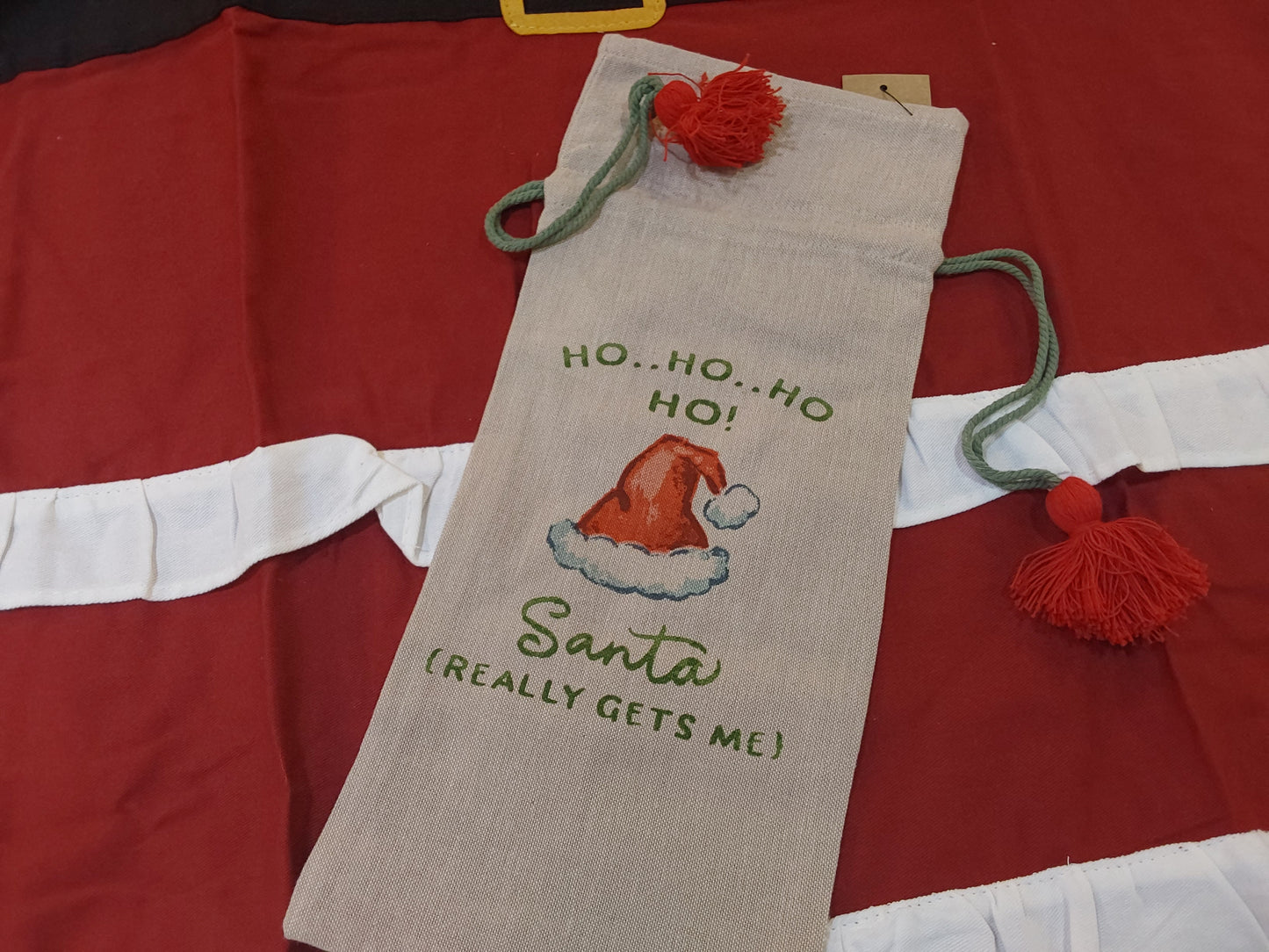 Cotton Chambray Printed Drawstring Wine Bag w/ Tassels