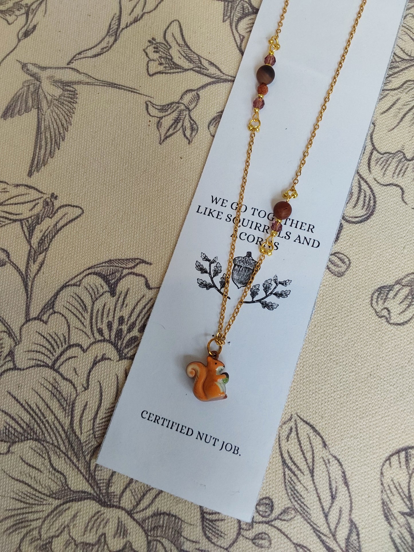 Whimsical Squirrel Pendant Necklace (We go together like squirrels and acorns.)