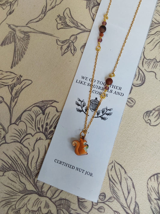 Whimsical Squirrel Pendant Necklace (We go together like squirrels and acorns.)