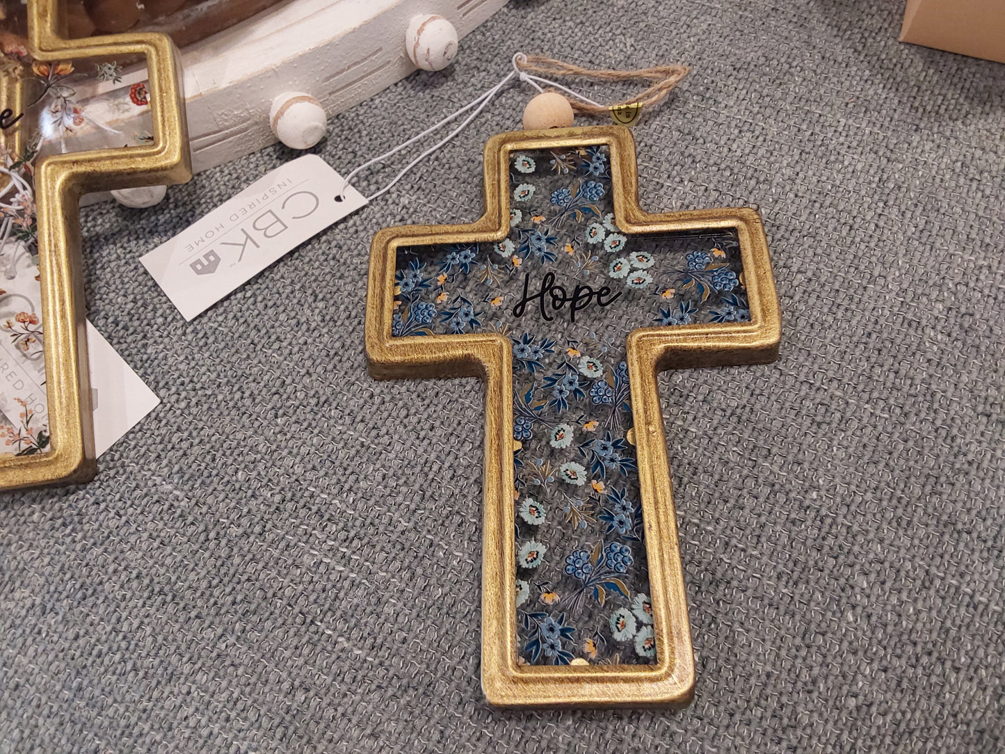Love, Hope, Faith Floral Cross Ornament with Text