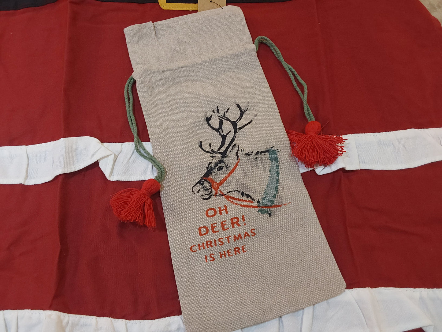 Cotton Chambray Printed Drawstring Wine Bag w/ Tassels