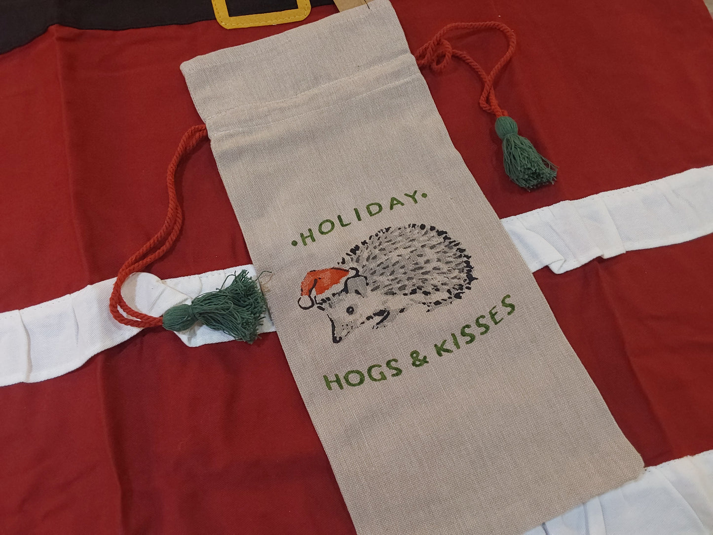 Cotton Chambray Printed Drawstring Wine Bag w/ Tassels