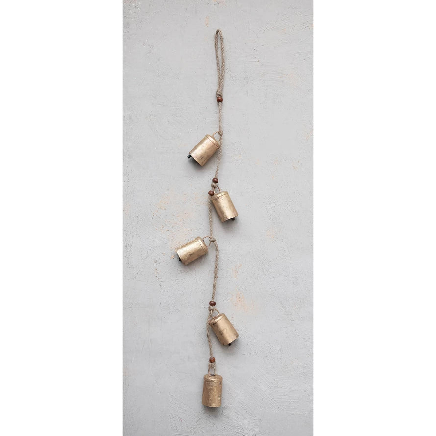 28" Hanging Metal Bells with Wood Beads and Jute Rope, Antique Brass Finish