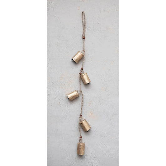 28" Hanging Metal Bells with Wood Beads and Jute Rope, Antique Brass Finish