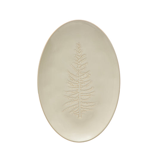 12-1/4"L x 8-1/4"W Oval Debossed Stoneware Platter w/ Tree Design, White