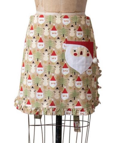 22"L x 16"W Cotton Printed Half Apron w/ Santa Shaped Pocket, Santa & Snowman Pattern