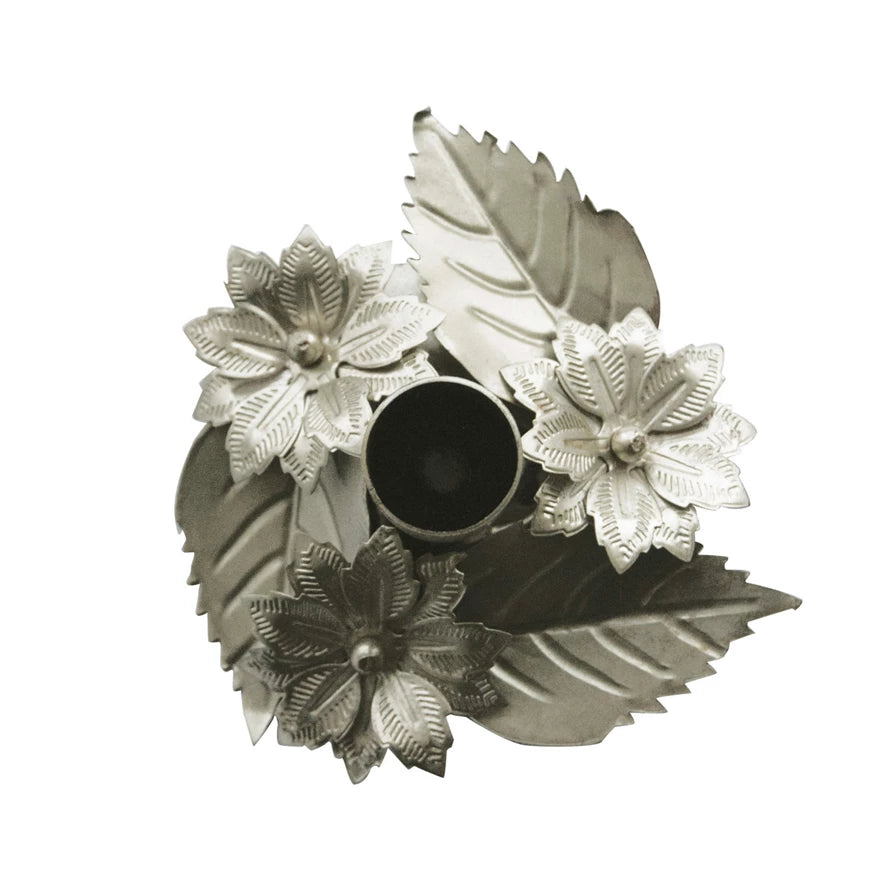 Metal Taper Holder w/ Poinsettias & Leaves, Distressed Pewter Finish