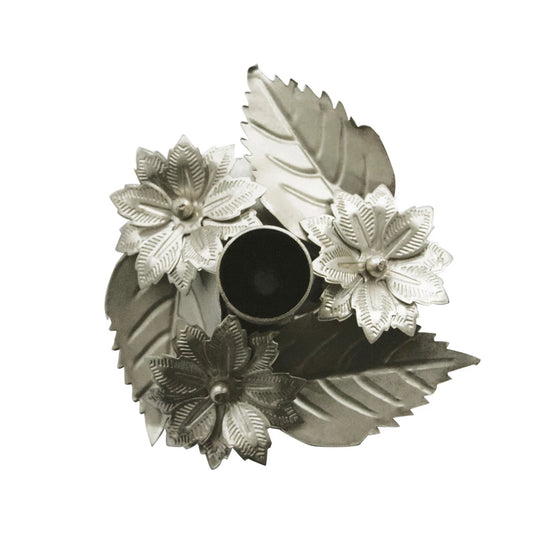 Metal Taper Holder w/ Poinsettias & Leaves, Distressed Pewter Finish