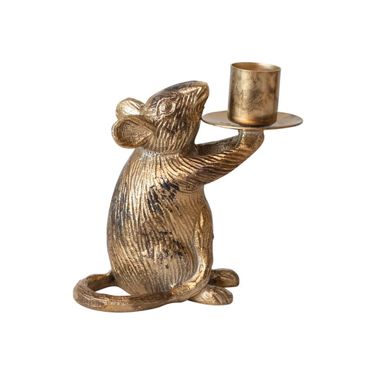 Cast Aluminum Mouse Taper Holder, Antique Gold Finish