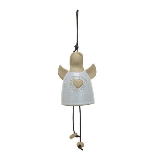 Stoneware Angel Bell w/ Heart & Cotton Rope Hanger (Each One Will Vary)