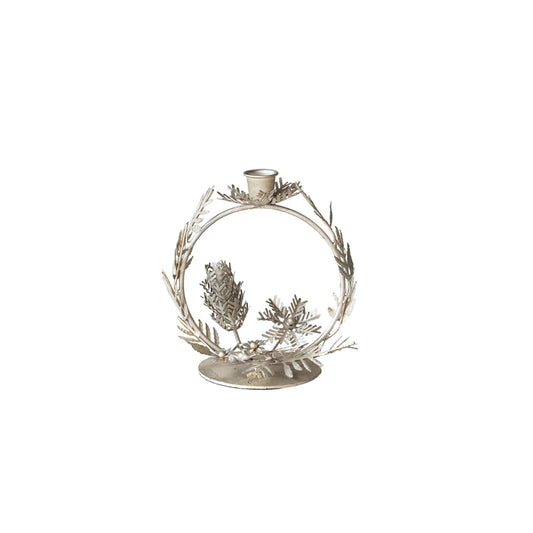 Metal Leaves & Pinecones Wreath Shaped Taper Holder