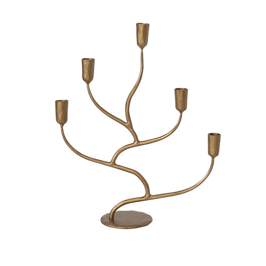 Hand-Forged Iron Candelabra, Antique Gold Finish (Holds 5 Tapers)