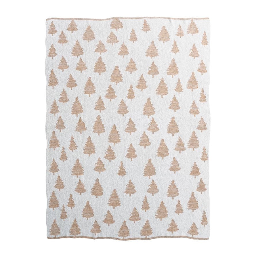 Cotton Knit Throw with Trees & Metallic Gold Thread, Cream Color
