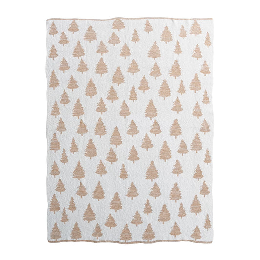Cotton Knit Throw with Trees & Metallic Gold Thread, Cream Color