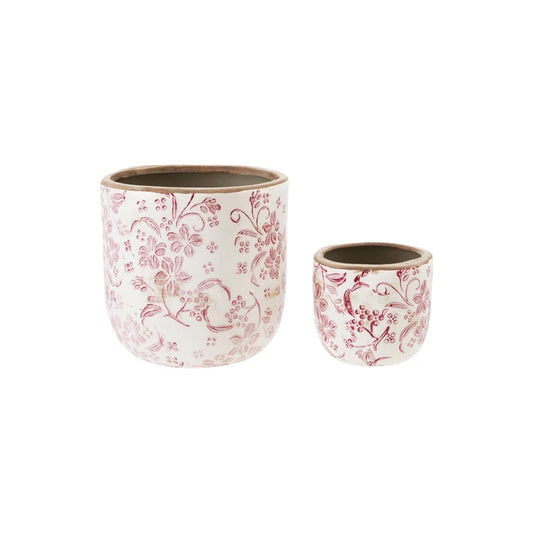 Stoneware Planters with Floral Pattern,
