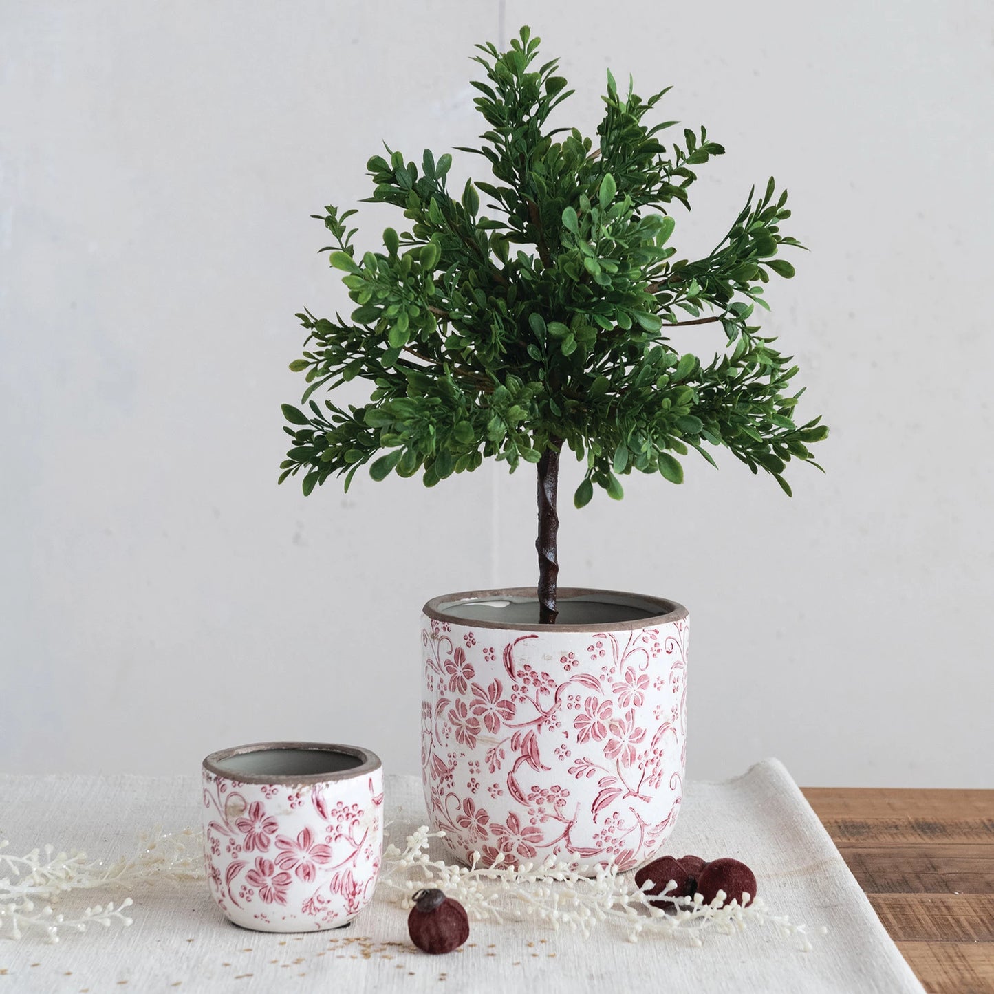 Stoneware Planters with Floral Pattern,