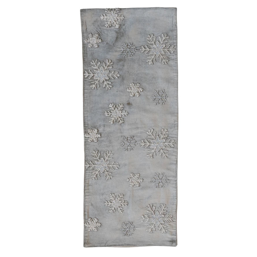 Cotton Blend Velvet Table Runner with Embroidered Snowflakes & Beads colors may vary
