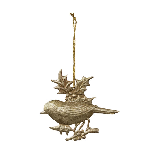 6-3/4"L Embossed Metal Bird with Holly Ornament, Gold Foil Finish