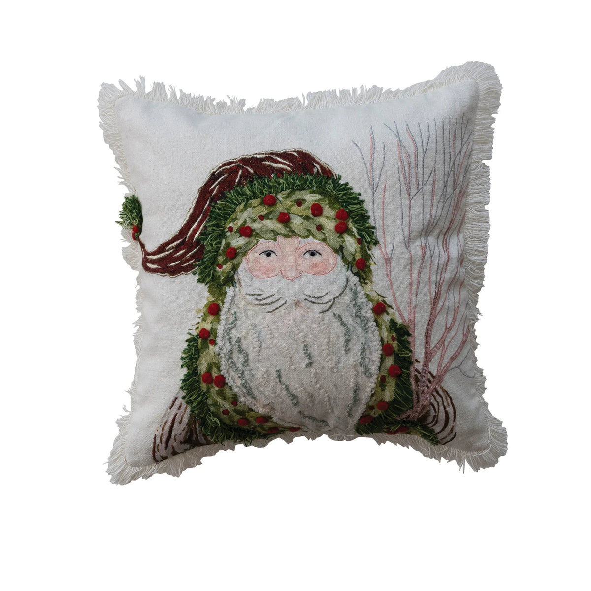 18" Square Cotton Slub Printed Pillow with Santa, Embroidery & Fringe ©