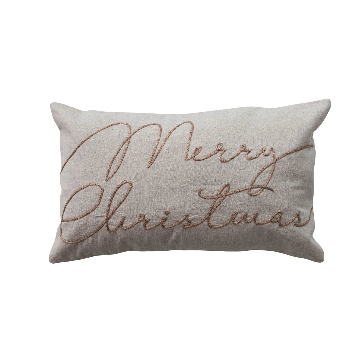 Cotton & Linen Lumbar Pillow with Embroidered "Merry Christmas", Natural & Copper Color
